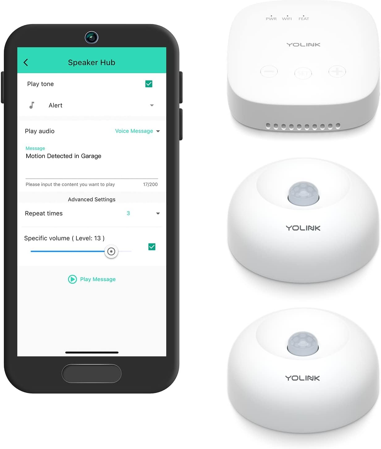YoLink SpeakerHub & Two Motion Sensor Smart Home and Security Kit – Audio Hub Plays Tones/Sounds, Spoken Messages, LoRa-Powered ¼ Mile Range, WiFi Required