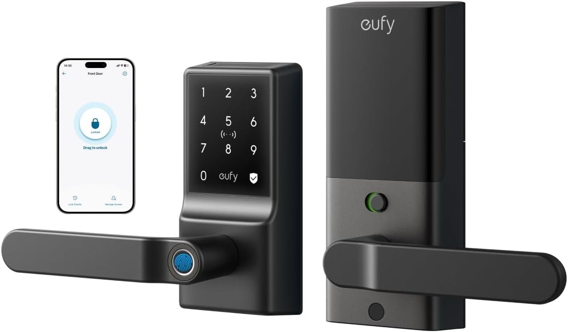 eufy Security Smart Lock C33, Keypad Door Lock with Handle, Fingerprint Door Knob, Keyless Entry Door Lock for Front Door and Bedrooms, Electronic Deadbolt, Wi-Fi, App Control, IP53 Waterproof, Black