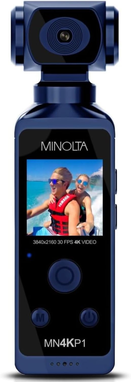 Minolta 4K Ultra HD Pocket Camcorder – WiFi Enabled Action Camera with 16MP Photos, 170° Wide Angle Lens, 270° Rotating Head, Slow Motion, 1.3-inch Display – 16GB Card & Waterproof Case (Blue)