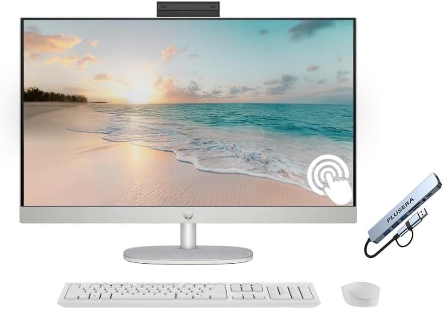 HP 27″ FHD Touchscreen All-in-One Desktop Computer, Quad-Cores Ryzen 5 7520U, 16GB RAM 1TB SSD, Windows 11, Wireless Keyboard & Mouse, PLUSERA 8-in-1 Hub Included, White