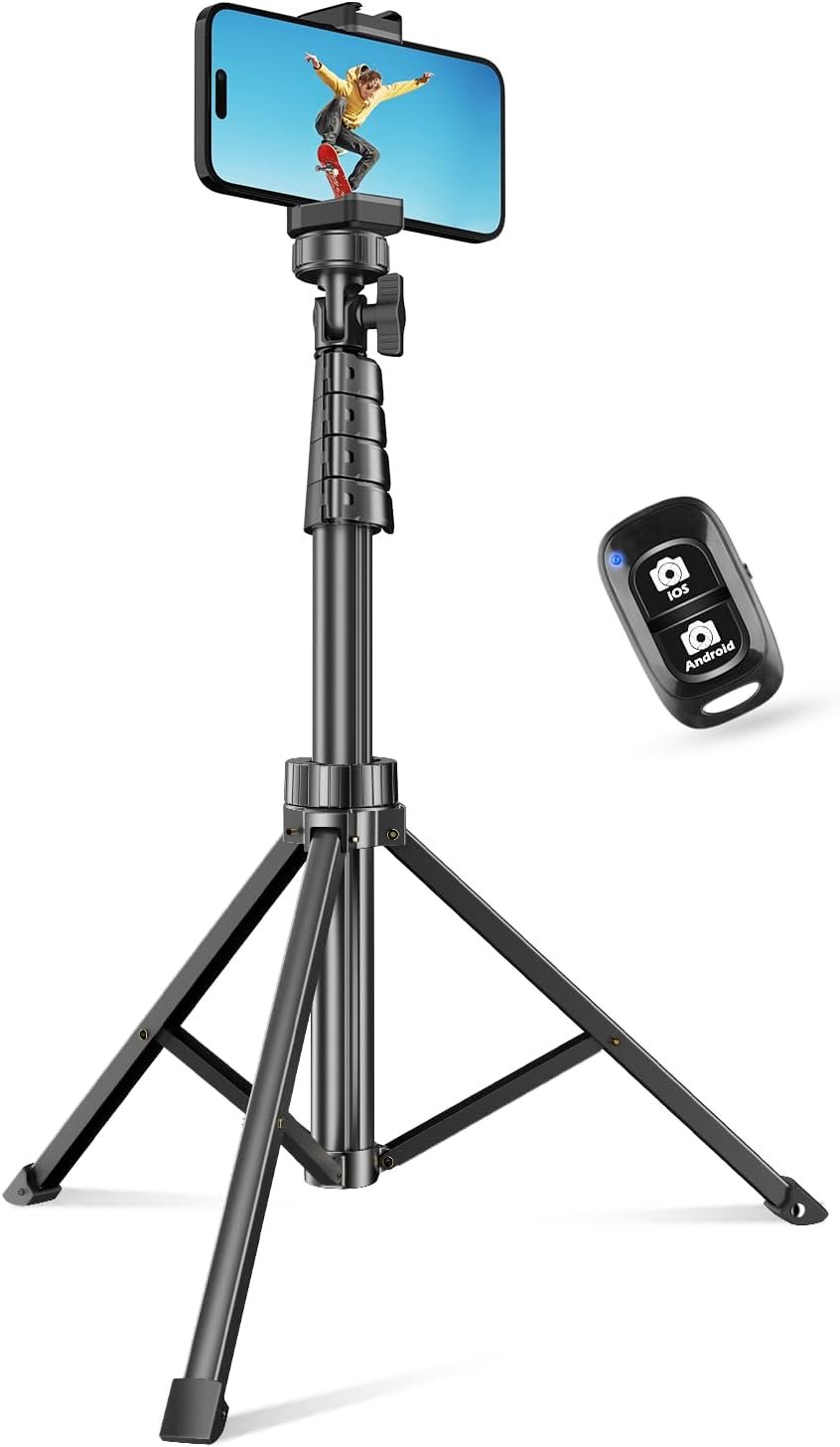 SENSYNE 62″ Phone Tripod for iPhone, Extendable Selfie Stick Tripod Stand with Wireless Remote and Phone Holder, Cell Phone Tripod for Video Recording, Compatible with iPhone Android