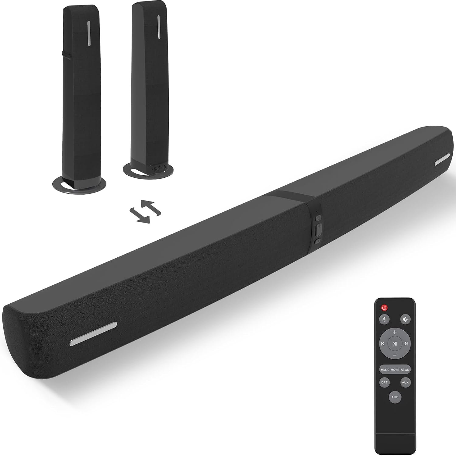 Sound Bar for Smart TV,90W Soundbar with Bluetooth/ARC/Optical/AUX Connect, Auto Volume Boost, 3 Customizable Equalizer Modes, 2 in 1 Detachable Soundbar for TV/PC/Gaming/Projectors