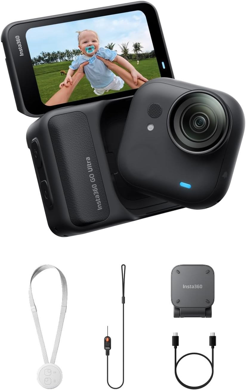 Insta360 GO Ultra – Small 4K Vlogging Camera, Hands-Free, POV Cam, 1/1.28″ Sensor, 53g Lightweight, 156° FOV, 200 Min Battery Life, Magnetic Wearable Action Camera for Sports, Vlog，Midnight Black