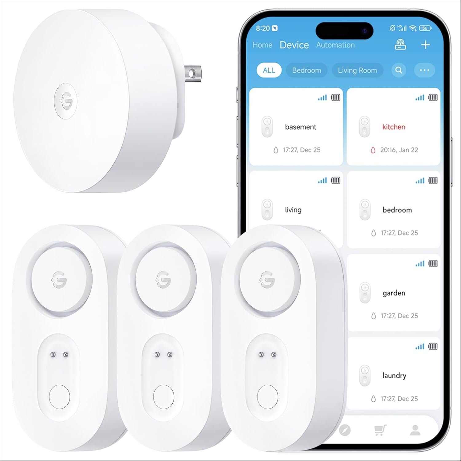 GoveeLife Upgraded Smart Water Leak Detector 1s with 1804 ft Ultra-Long Range, WiFi Water Sensor with SMS/Email/APP Push and Sound Alarm, 5-Year Battery Life, Suit for Home, Basement, Kitchen, 3 Pack