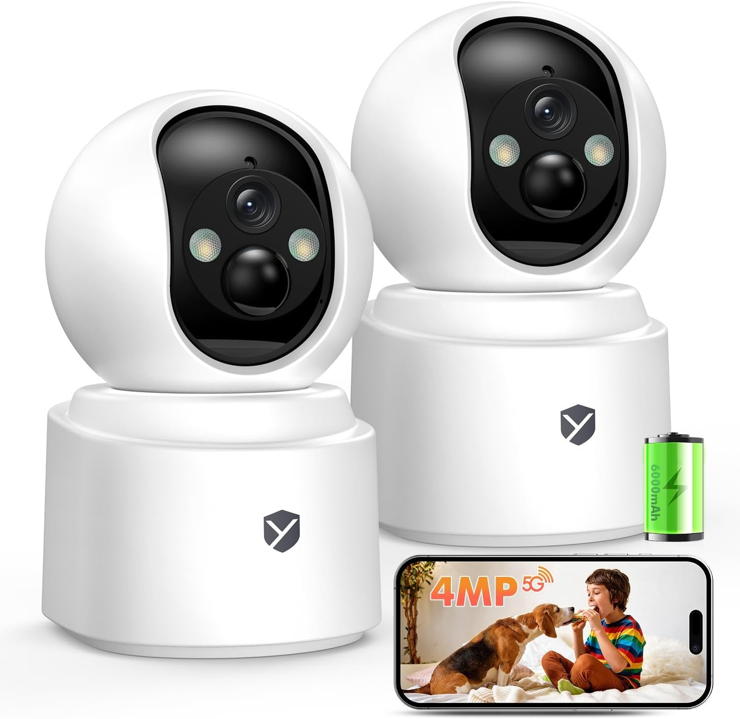 Battery Powered Indoor Camera Wireless 2 Pack, PTZ Pet Camera with 6000mAh Rechargeable, Dual-Band WiFi, 2.5K Color Night Vision, SD/Cloud Storage, 2-Way Audio, APP Remote, Cat/Dog/Home Monitoring