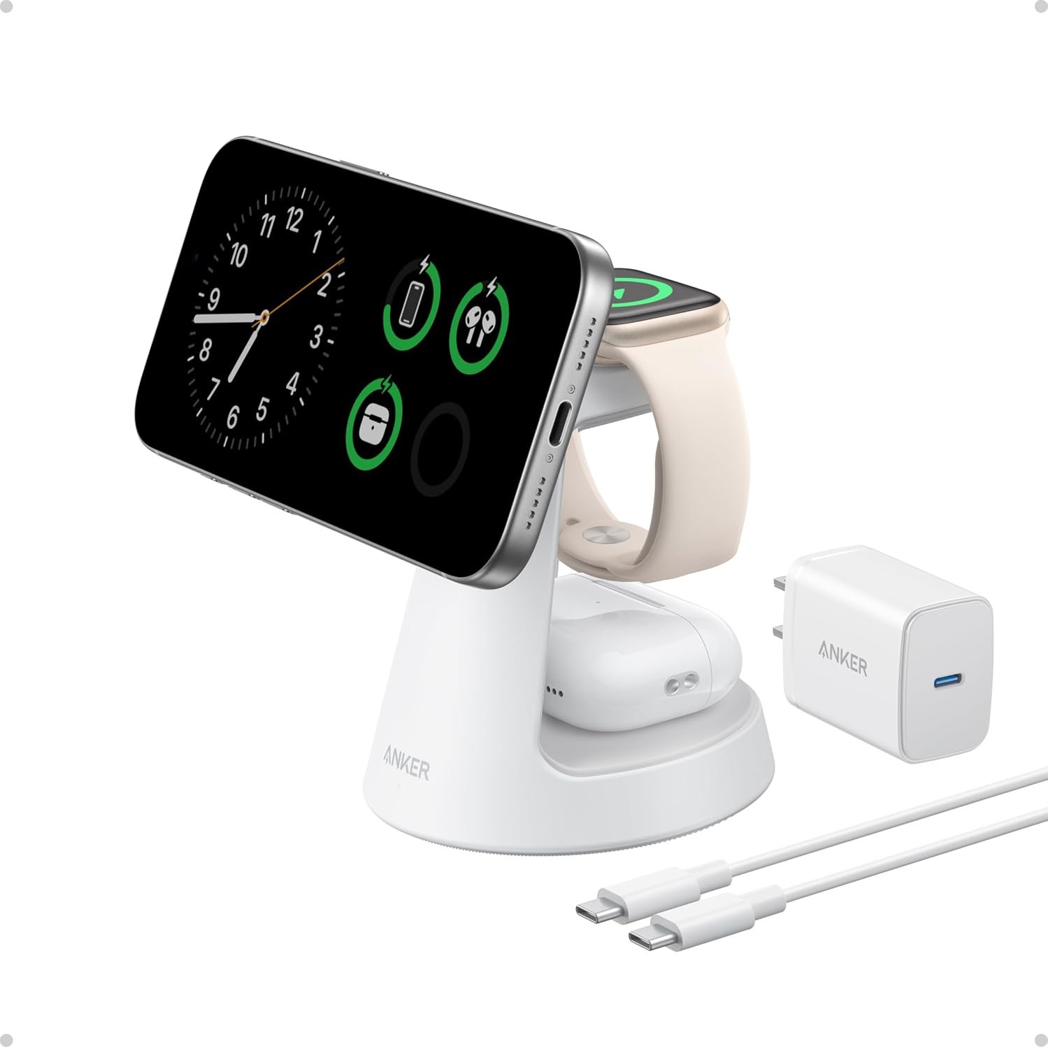 Anker MagSafe Charger Compatible, MagGo 3-in-1 Charging Station, Nano Charging Stand, Qi2 Certified 15W Magnetic Wireless Charger Dock, for iPhone 17/16/15/14, Apple Watch, AirPods (Adapter Included)