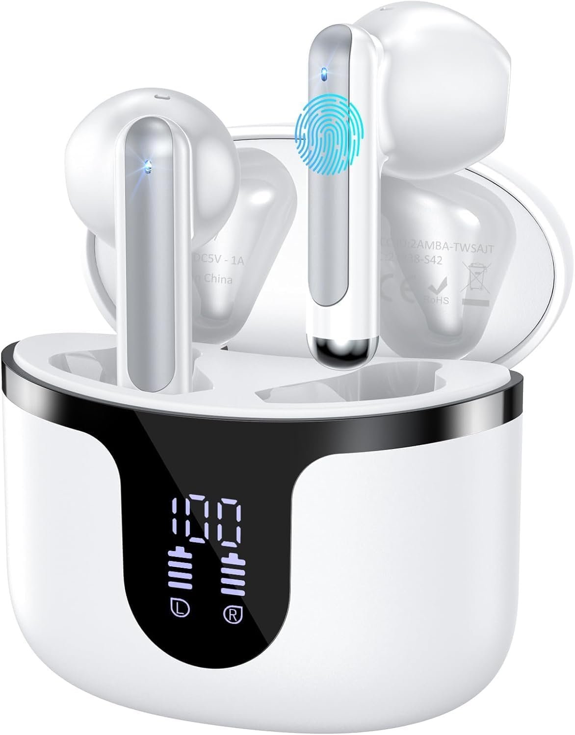 Wireless Earbuds, Bluetooth 5.4 Headphones HiFi Stereo with 4 HD Mic, 50H Playtime Bluetooth Earbuds with Dual LED Display, IPX7 Waterproof Wireless Earphones, Touch Control Ear Buds,USB-C,White