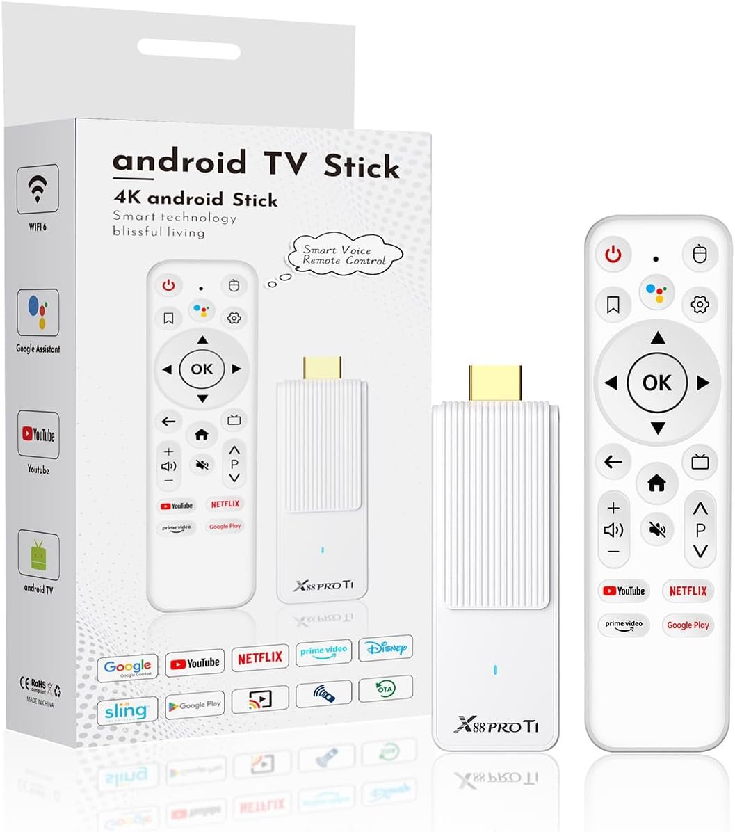 Android TV Stick 4K, 2025 TV Stick Android 14.0 2GB RAM 16GB ROM Ultra HD RK3518 CPU Supports Wi-Fi 6 2.4G/5G Wi-Fi Bluetooth 5.0 USB HDR10 with Bluetooth Voice Remote Control – White