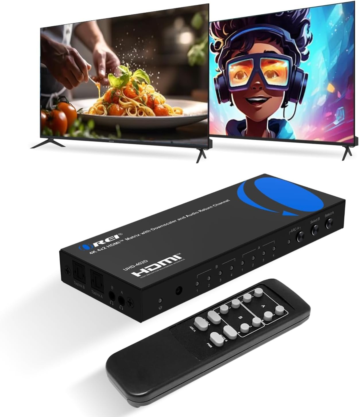 OREI 4×2 HDMI Matrix Switch – 4K@60Hz Audio Extraction, EDID, IR, HDCP 2.2 | 18Gbps Bandwidth, HDR, 12-bit Deep Color, Dolby TrueHD, DTS-HD Master Audio, Optical & 3.5mm Audio Outputs