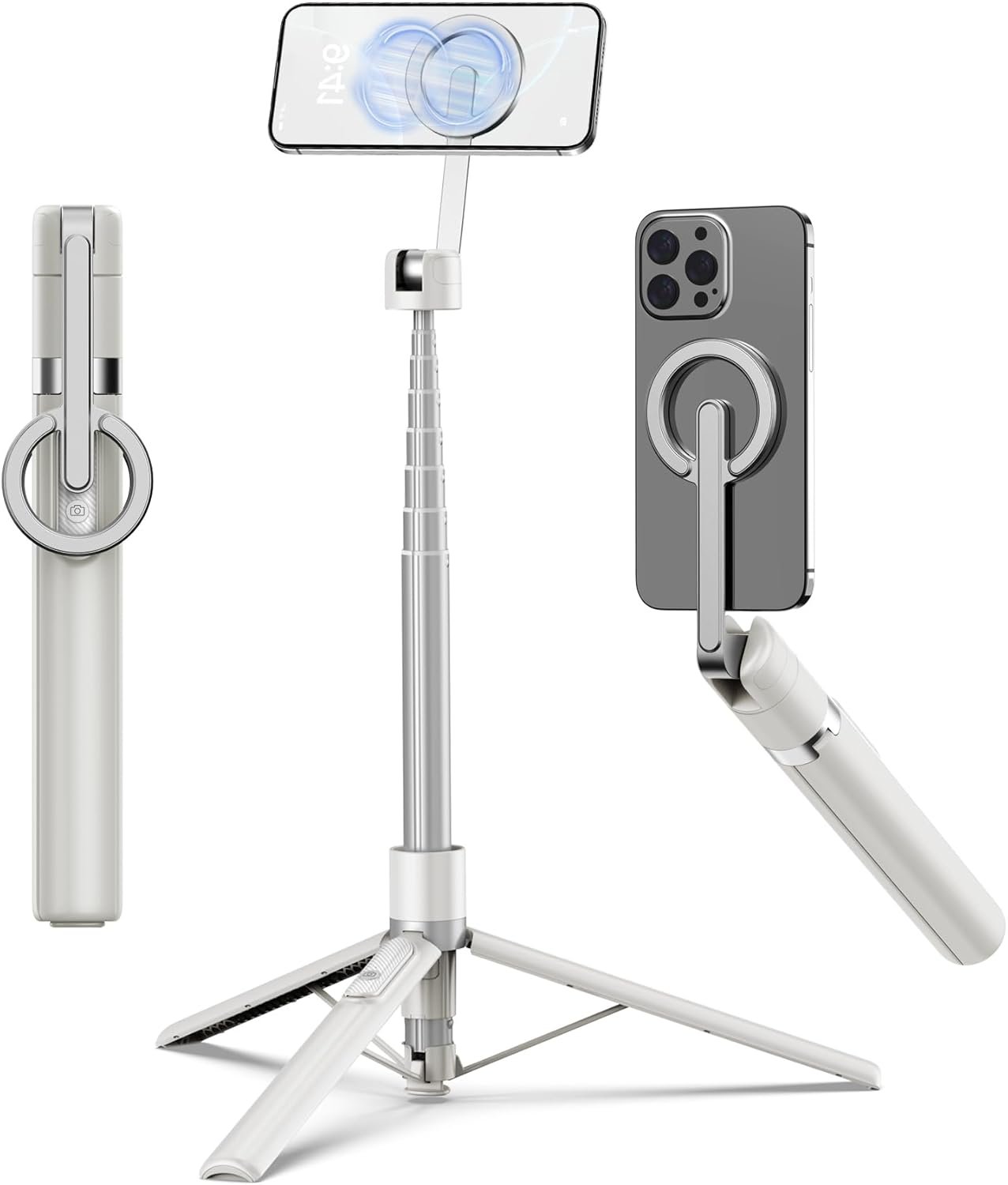 TONEOF 68″ Magnetic Selfie Stick Tripod with Aluminum Strong Magnetic Holder for Magsafe, 360° Rotatable Travel Phone Tripod Stand with Metal Ring & Rechargeable Remote for iPhone/Android(Beige Gray)