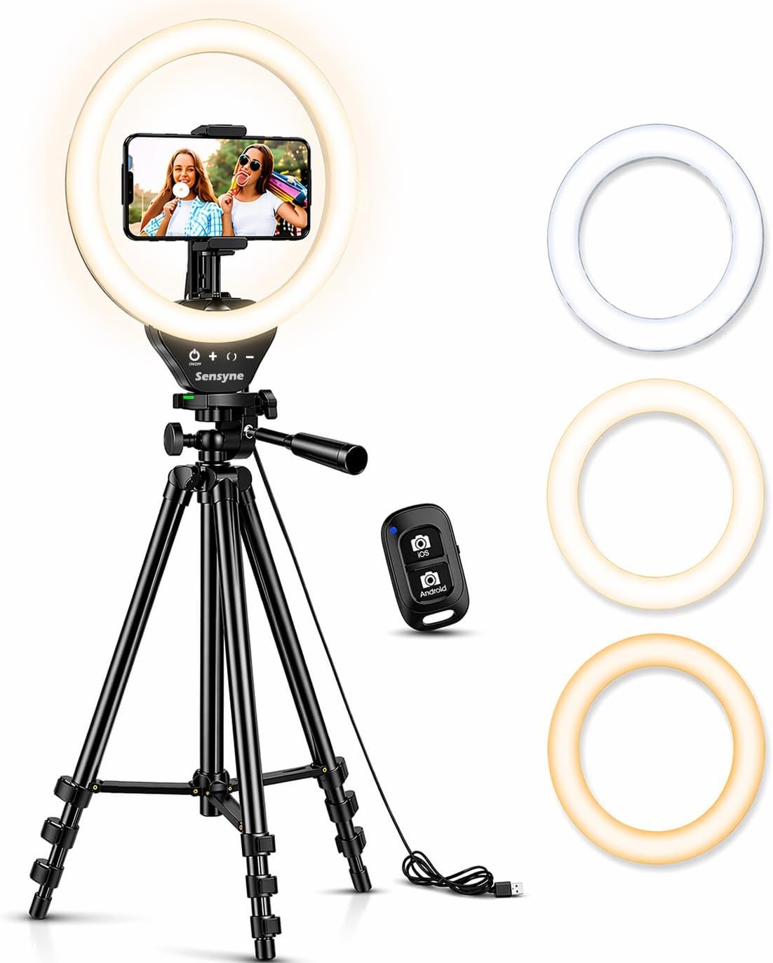 Sensyne Ring Light with Stand, 50″ Phone Tripod for iPhone & Android, LED Ring Light with Remote, 3 Color Modes & 10 Brightness Levels for TikTok, Zoom & Video Recording