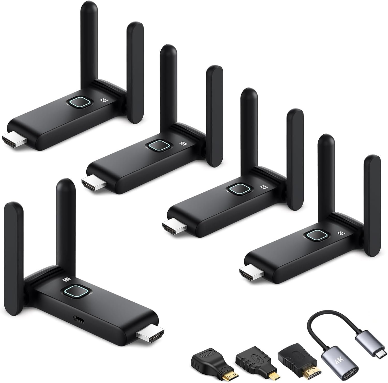Wireless HDMI transmitter and 4 receiver 4k, USB-C to HDMI Adapter multi TV extender kit, 2.4/5.8G@60Hz 165FT/50M, suitable for expanding from laptops，TV boxes and Camera to multiple TVs/monitors