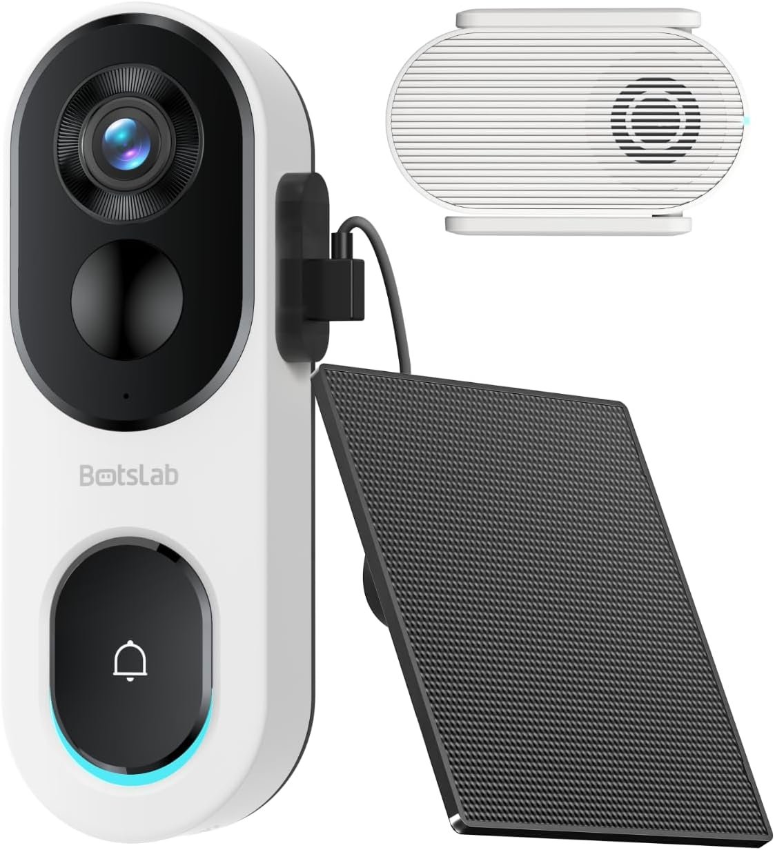 BOTSLAB Solar Powered Doorbell Camera Wireless, No Subscription Required, 2K Video Doorbell with Head-to-Toe View, Package Detection, Human Detection, 2-Way Audio, Easy Installation, 2.4GHz WiFi Only