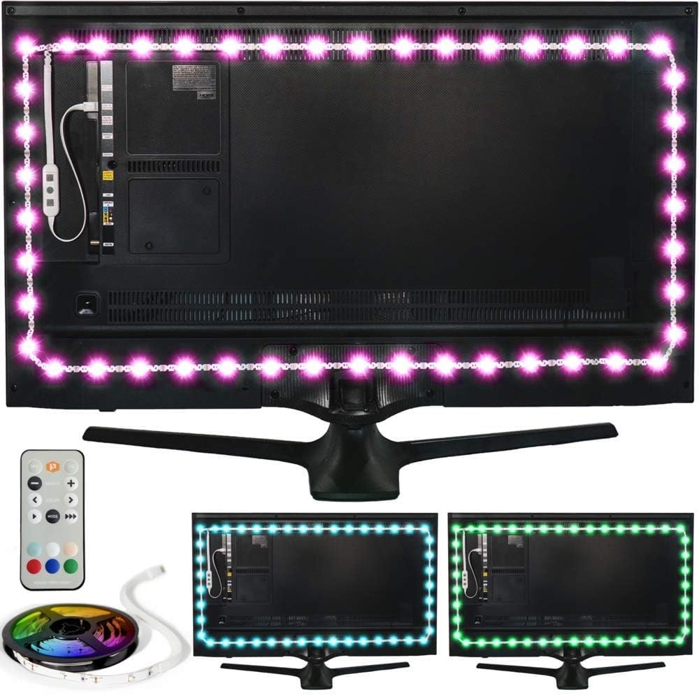 Power Practical LED Lights for TV in Living Room or Bedroom, Luminoodle Backlight, USB Powered Strips w/Remote for 15 Ambient Color Bias Lighting Options & 10 Brightness Modes, Size (60″-80″ TV)