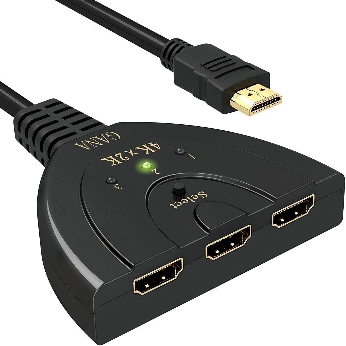 HDMI Switch, GANA 4K HDMI Splitter 3 in 1 Out, 3-Port Switcher Selector with Pigtail HDMI Cable,Supports Full HD 4K 30Hz 1080P 3D Player, Compatible with PS4/3, Xbox, Fire Stick, Roku, PC,TV