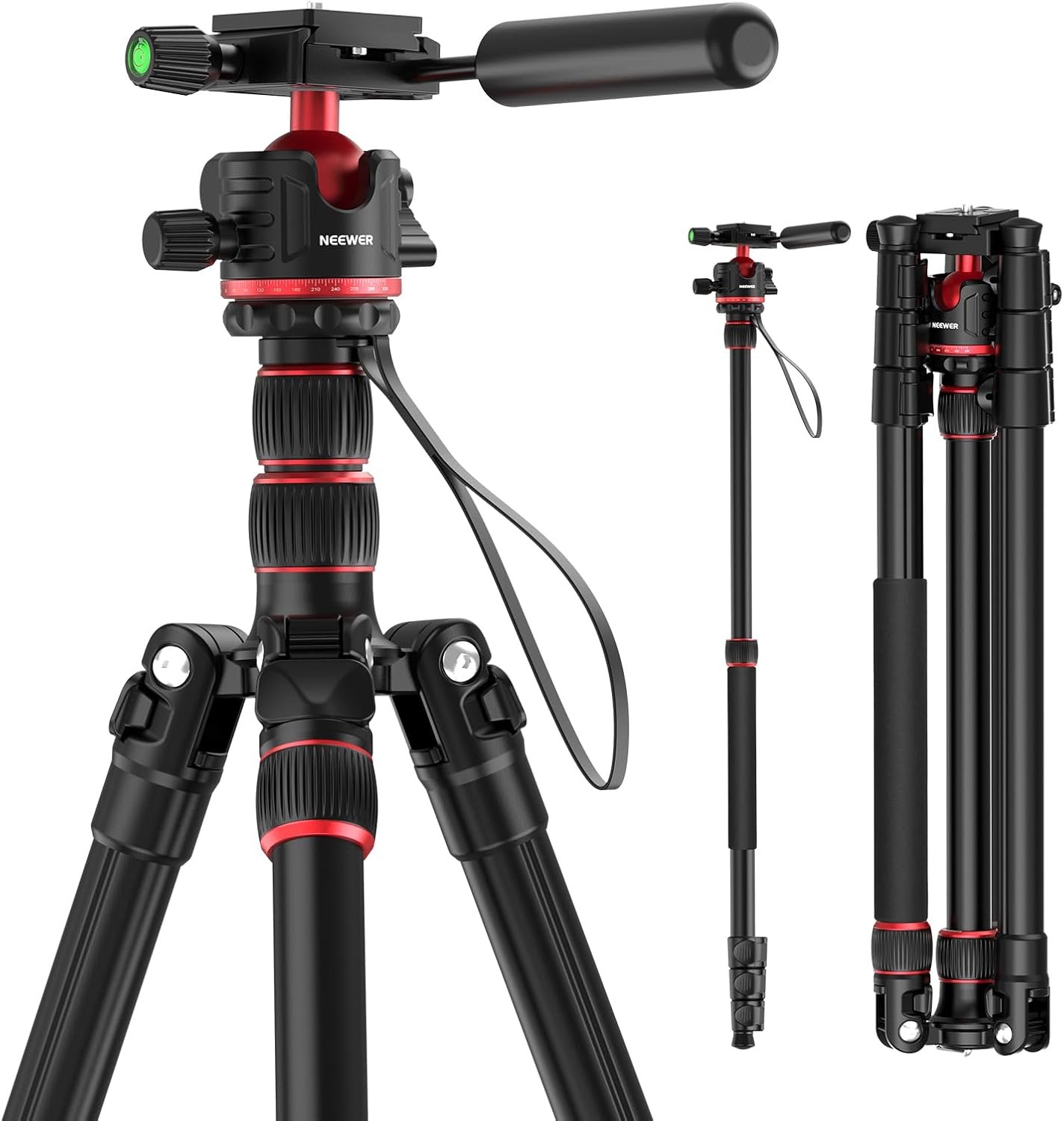 NEEWER Basics Camera Tripod Monopod, 77″ Compact Lightweight Travel DSLR Video Stand, 360° Ball Head, Arca Type QR Plate, Reversible Legs & Inverted Central Axis, 13lb Max Load, TP08