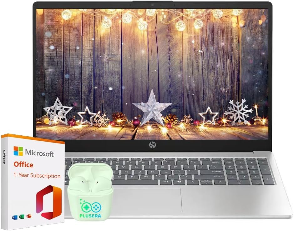 HP 15.6″ Business Laptop with Microsoft Office 365 with Copliot AI 16GB RAM 128GB SSD, Quad-Cores Intel Processor, Windows 11, PLUSERA Earphones, Natural Silver