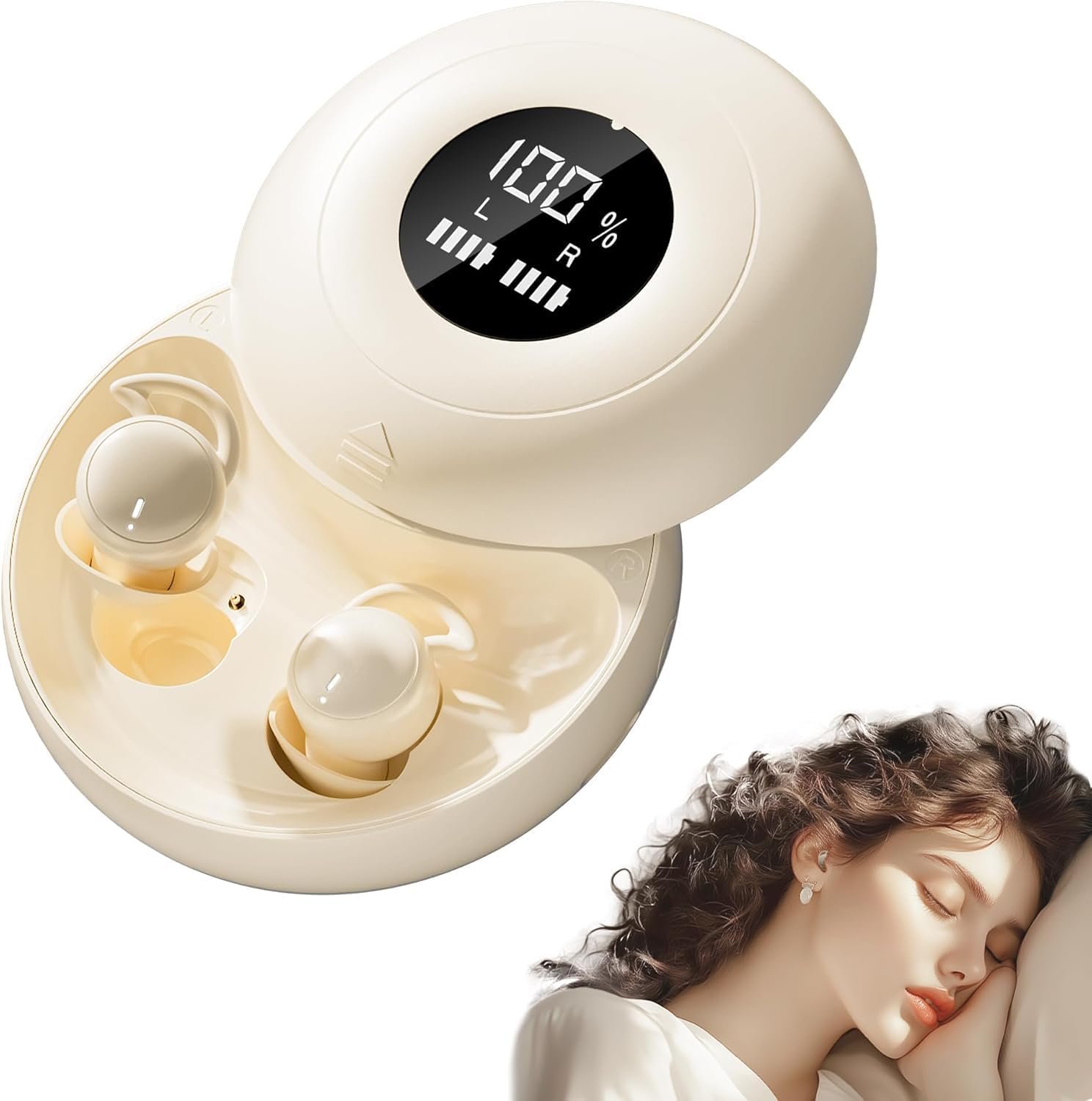 Sleep Earbuds Bluetooth 6.0, Mini Invisible Silicone Sleep Earbuds for Side Sleepers, Noise Blocking Sleeping Headphones, Hidden Earbuds with LED Display for Small Ears, Sleep & Relax（Beige）