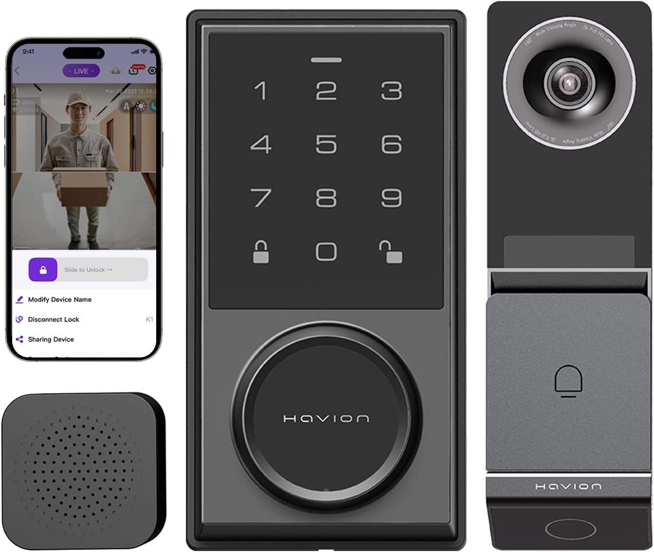 Wireless Video Doorbell w/Smart Lock Set – Incl. Chime, Dual Cameras, 5MP 3K QHD, 2” Screen & 32GB eMMC, Motion Detection & Real-time Alert, 2-Way Audio, Door Bell and Keyless Entry Front Door Lock