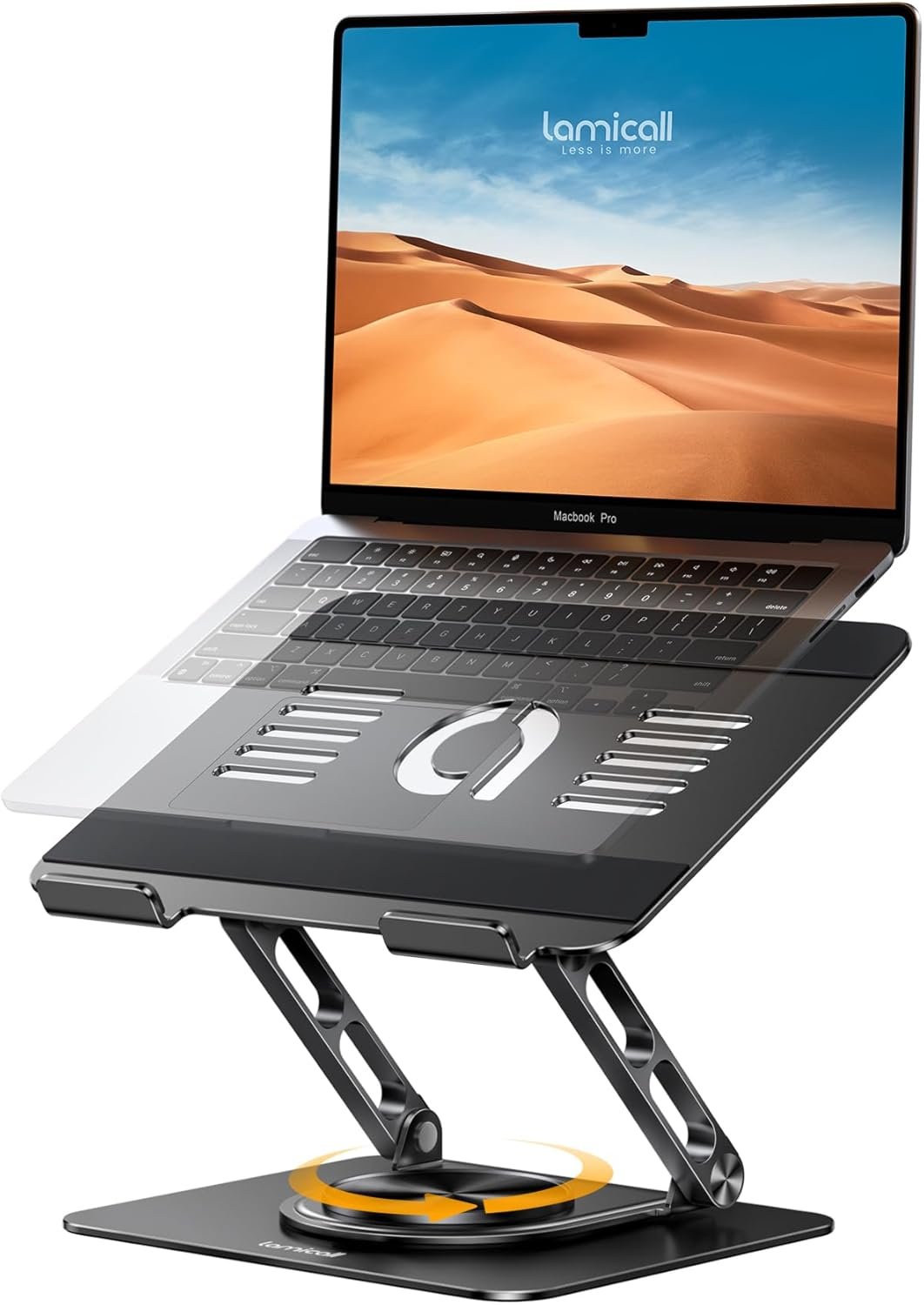 Lamicall Adjustable Laptop Stand for Desk – 360° Rotating Base Ergonomic Computer Stand, Aluminum Laptop Riser Foldable Protable for Office Home fits MacBook Neo Air Pro, Dell, HP (10-17.3”) – Black
