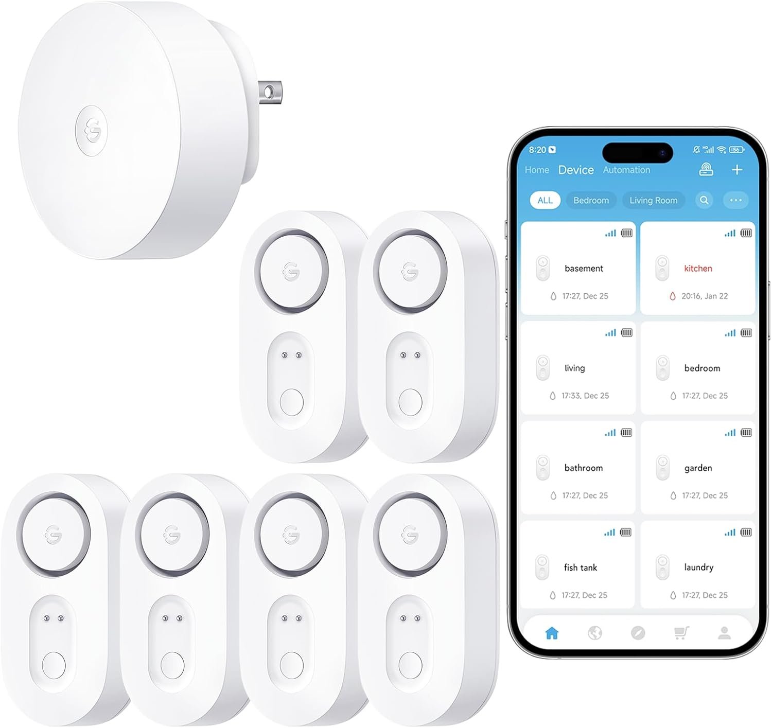 GoveeLife Upgraded Smart Water Leak Detector 1s with 1804 ft Ultra-Long Range, WiFi Water Sensor with SMS/Email/APP Push and Sound Alarm, 5-Year Battery Life, Suit for Home, Basement, Kitchen, 6 Pack