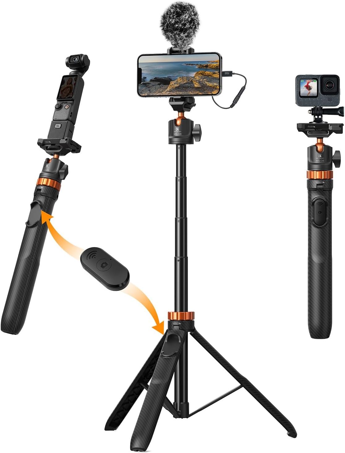 K&F CONCEPT MS08 62” Phone Selfie Stick Tripod, 2-in-1 Extendable Cell Phone Tripod Stand with Remote, 360° Ball Head Camera Tripod Compatible with DJI Osmo Pocket 4/3 GoPro 13/12 iPhone17.