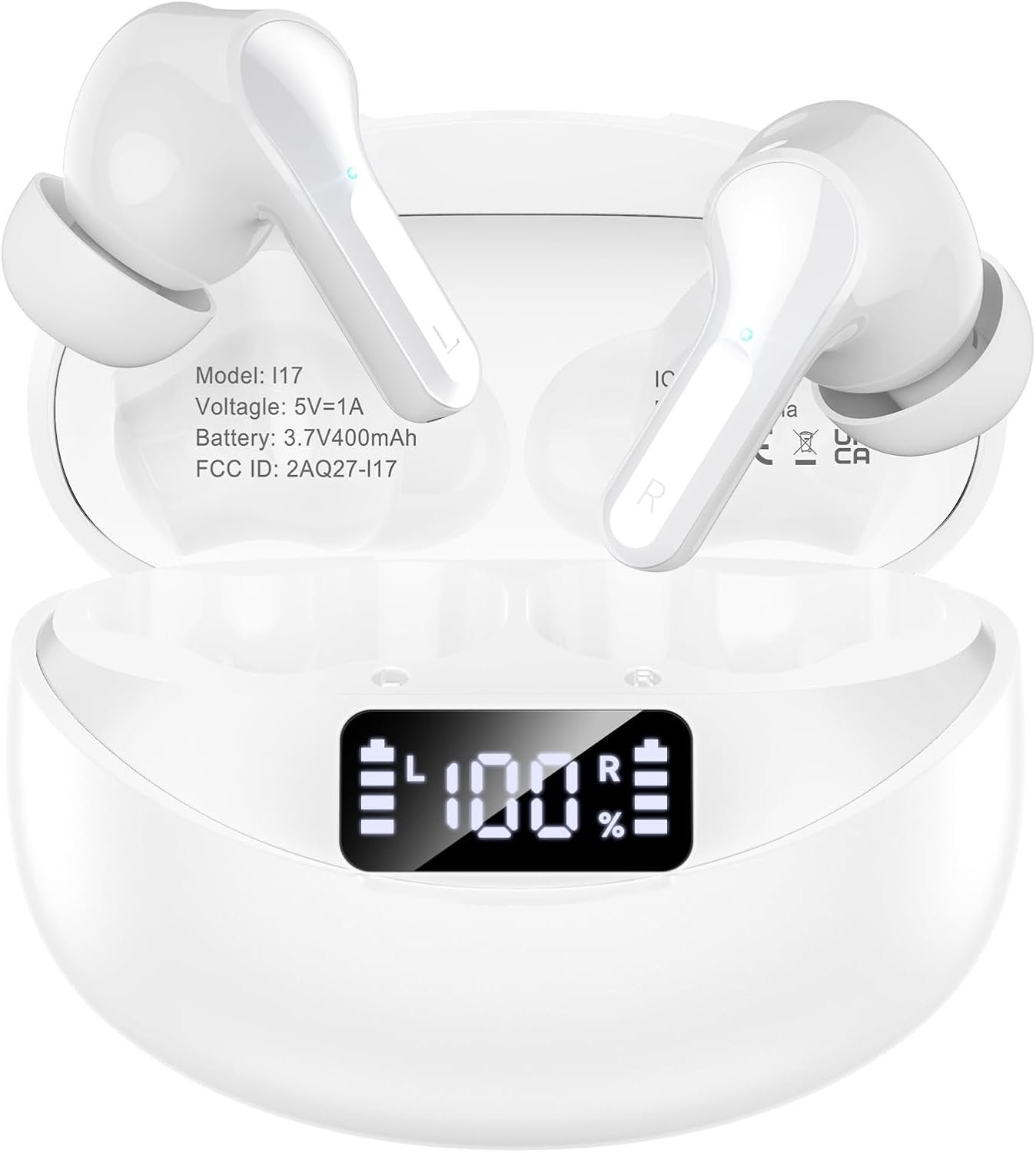 Wireless Earbuds Bluetooth 5.4 HiFi Stereo Headphones with Noise Cancelling Mic, 50H Playback in Ear Buds with LED Digital Display, IPX7 Waterproof Earphones for Office/Running/Workout (White)