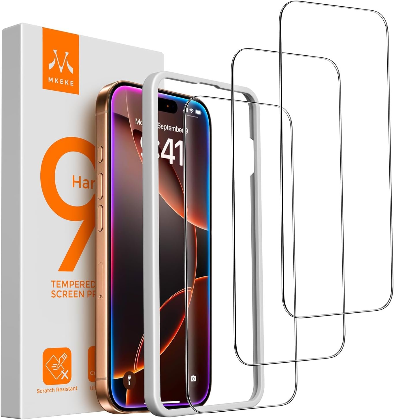 Mkeke Screen Protector for iPhone 16 Pro, 3 Pack Tempered Glass [9H Hardness] [Military-Grade Drop Protection] [Sensitive Touch] [Easy Installation Frame] [HD Clear] for 6.3 inch