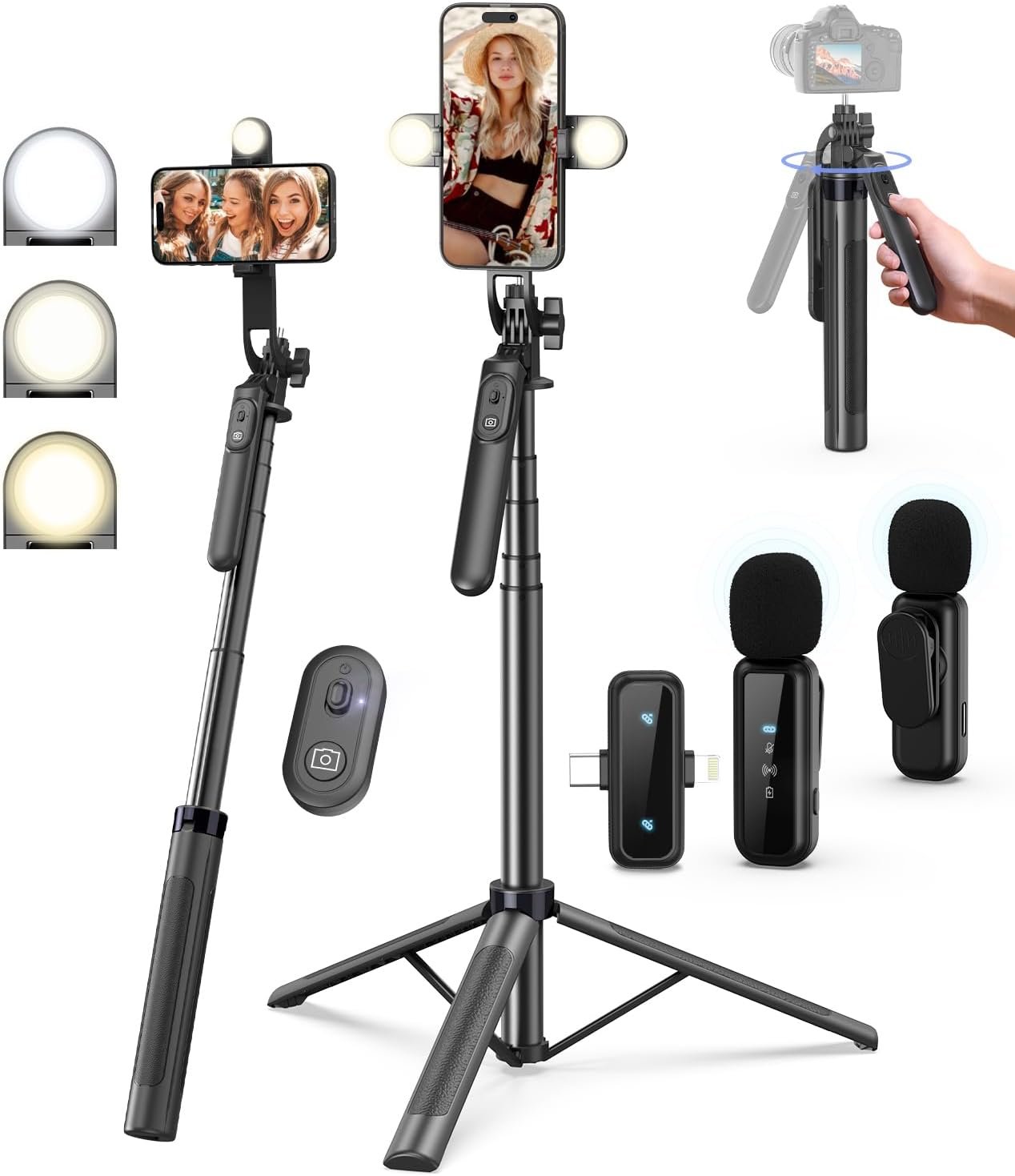 Yeaki Vlogging Kit for iPhone/Android, 71″ Selfie Stick Tripod for iPhone with Light, Wireless Remote & Microphone, Adjustable Phone Tripod for TikTok/YouTube Starter Content Creator Essentials Kit