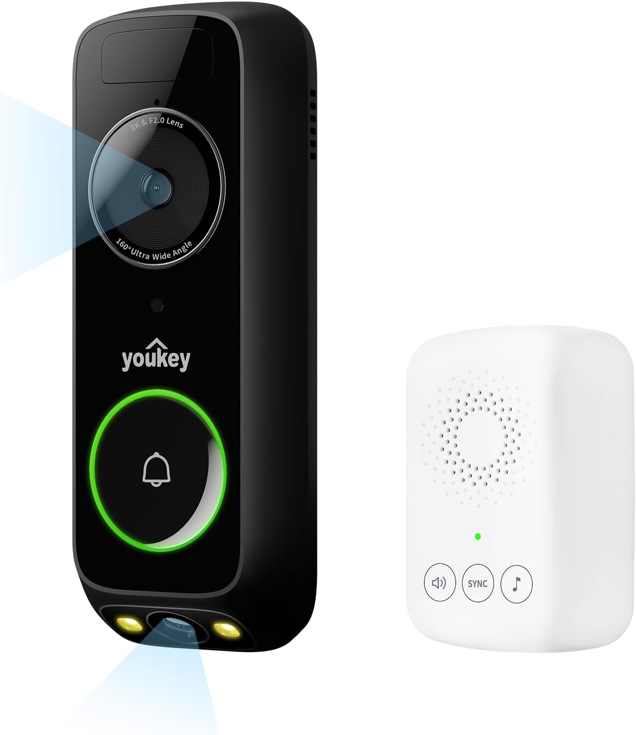 youkey Doorbell Camera Wireless with Chime, No Monthly Fee, 2K Battery Doorbell with Head-to-Toe Video, Package Detection, 5GHz WiFi, Two-Way Talk, Color Night Vision, DB312 (Renewed)