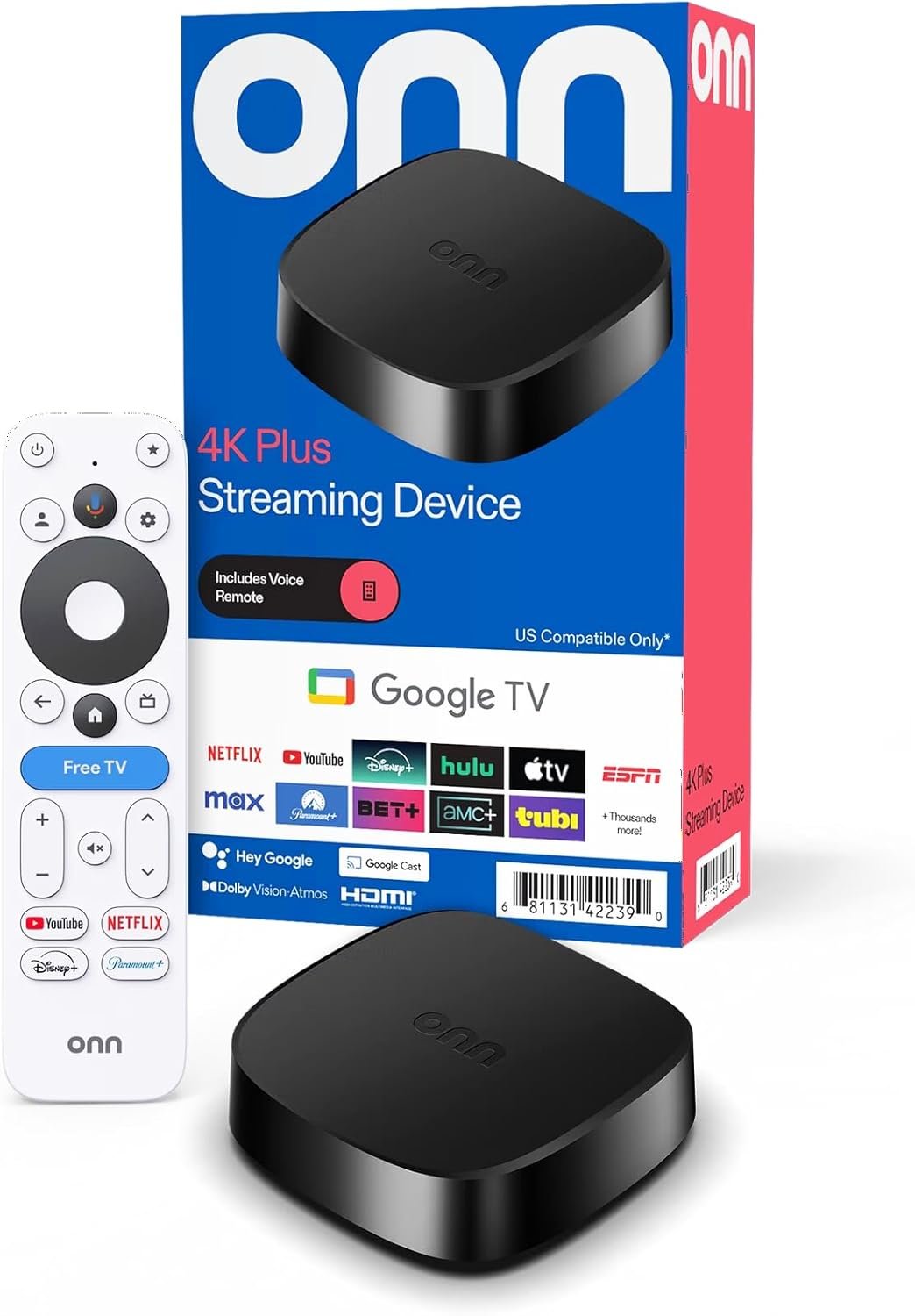 Onn 4K Plus Streaming Device with Google TV – 16GB Storage, 2GB RAM, Wi-Fi 6, Dolby Vision & Dolby Atmos, Voice Remote, 4K UHD
