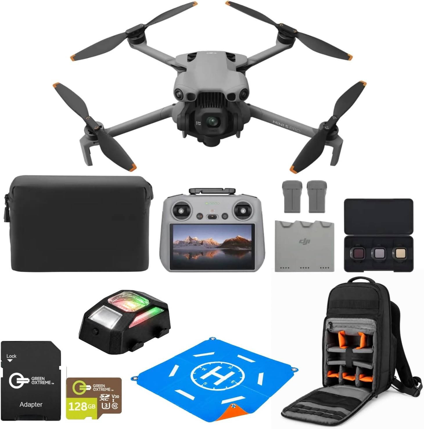 DJI Mini 5 Pro Fly More PLUS Combo Drone with Camera Bundle with DJI RC 2 Controller, 3 Batteries, 4K Camera, 128GB microSD Card, Slinger Backpack, 20″ Foldable Landing Pad and LED Strobe Light, Gray