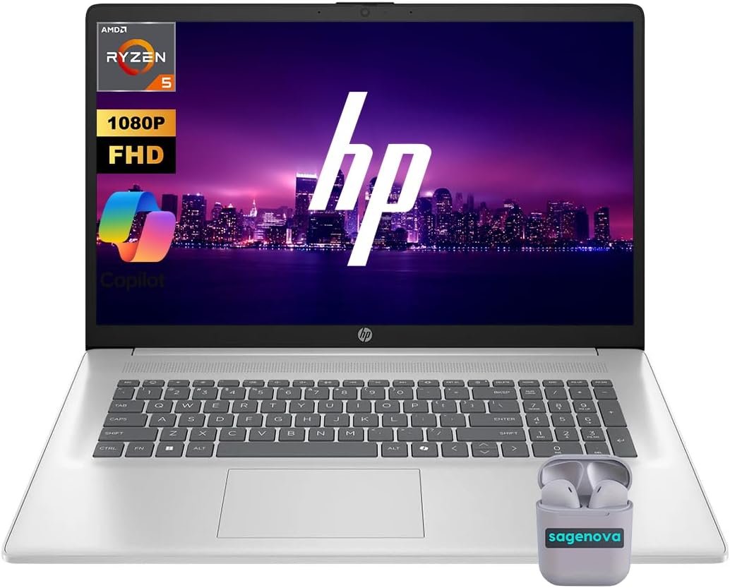 HP 17.3″ FHD Business Laptop Computer, 16GB RAM 512GB SSD, AMD Ryzen 5 7430U (Up to 4.3 Ghz), Windows 11, Numeric Keypad, SageNova Earphones, Silver