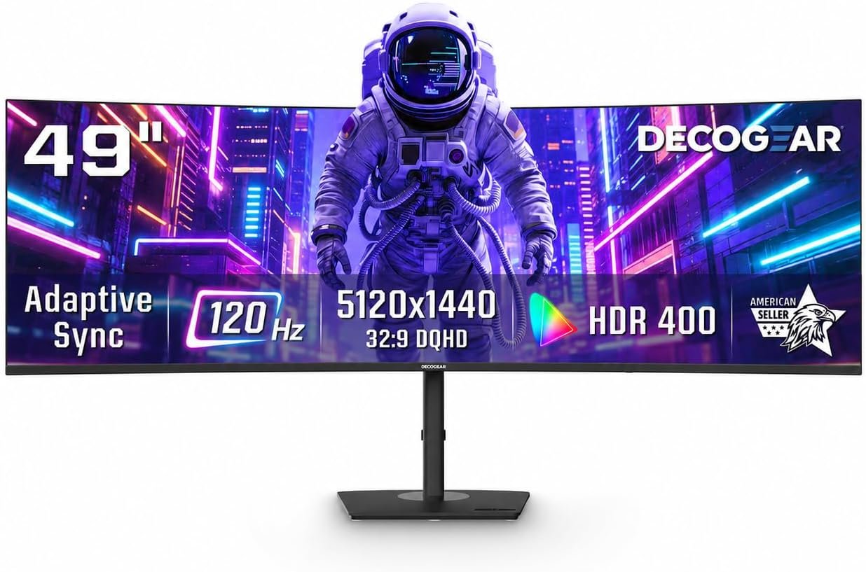 Deco Gear 49 Inch Curved Ultrawide Monitor, 5120×1440 Dual QHD 32:9 1500R VA Display, HDR400, 120Hz, Adaptive Sync, 1ms MPRT, USB-C 65W PD, KVM, PIP/PBP, Gaming & Workstation Setup, for PC & Laptop