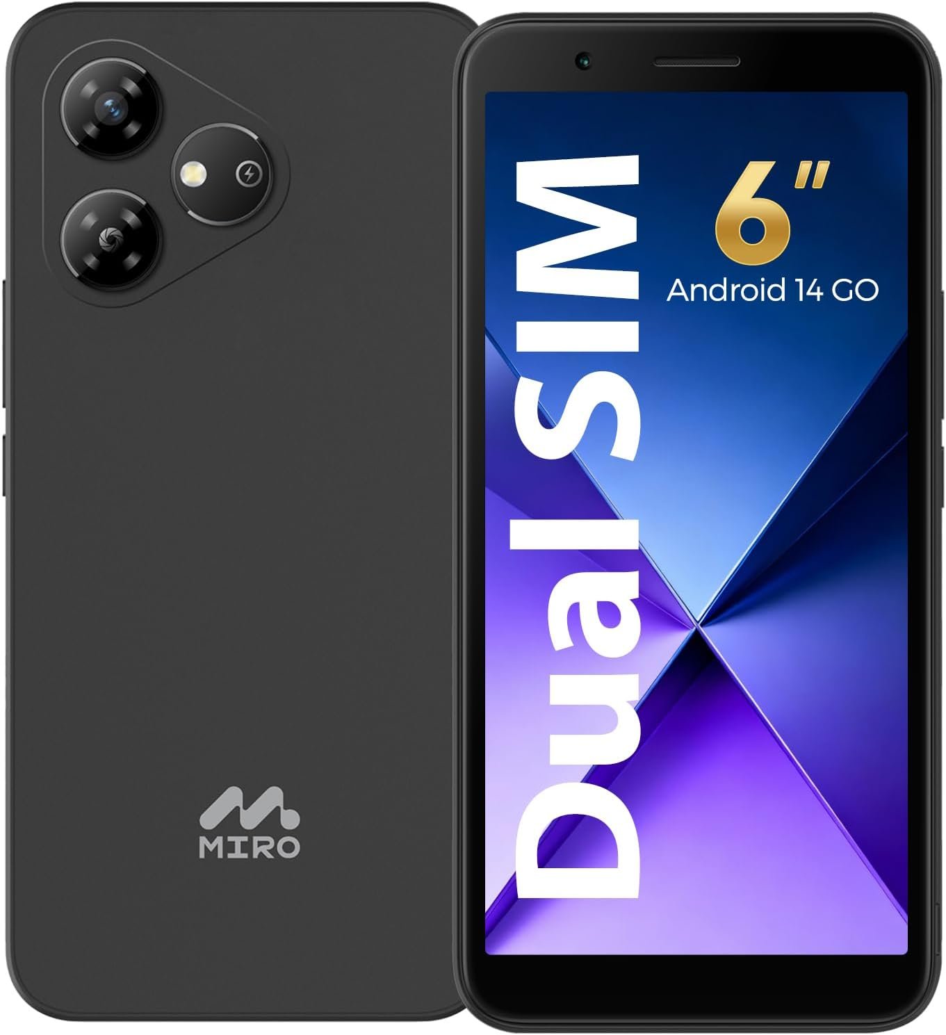 MIRO 4G Cell Phone – New Android 14 Go Edition Smartphone, 6″ Display, 2GB+32GB (256GB Expandable), 3000mAh Battery, 5MP+2MP Camera, Dual SIM, 3.5mm Headphone Jack(Gray)