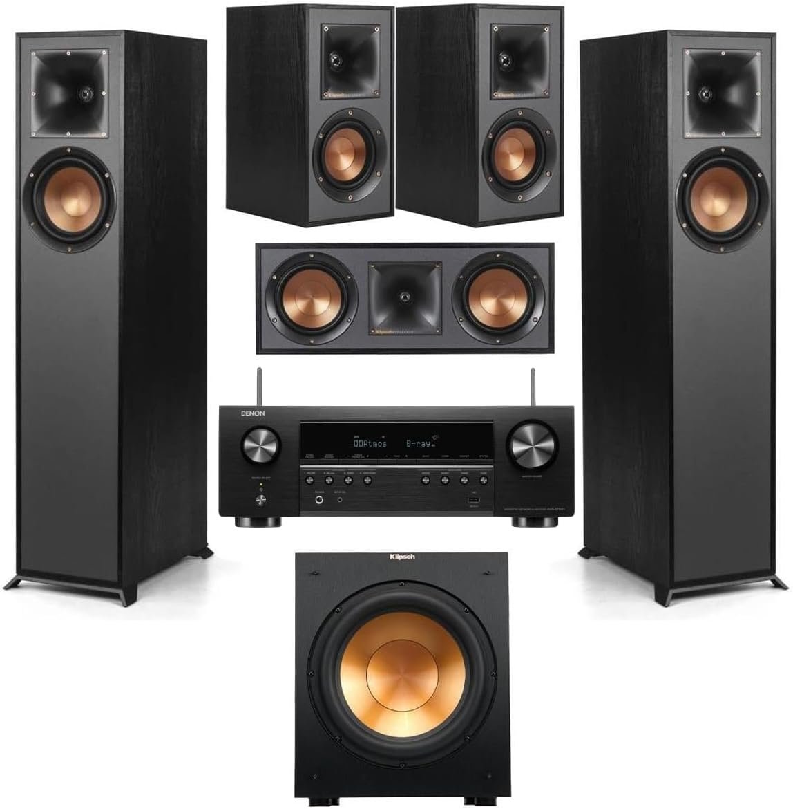 Klipsch Reference 5.1 Home Theater Speaker Bundle with R-610F Floorstanding Speakers, R-52C Center, R-12SW Subwoofer, R-41M Bookshelf Speakers and Denon AVR-S670H 8K Receiver
