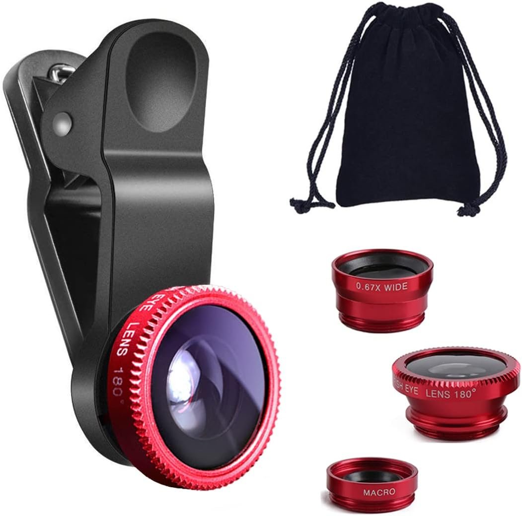 KINGMAS 3 in 1 Universal Fish Eye Lens, Macro Clip Lens Wide-Angle Camera Lens Kit for iPad iPhone Samsung Android and Most Smartphones (Red)