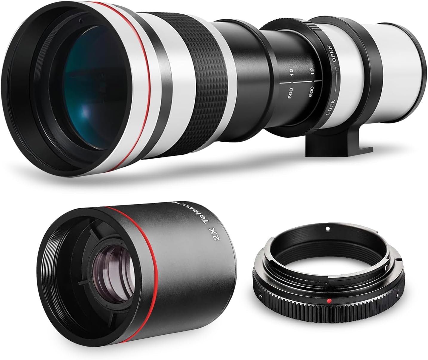 High-Power 420-1600mm f/8.3 HD Manual Telephoto Zoom Lens for Canon EOS 80D, 90D, Rebel T3, T5, T7, 70D, 5D, 6D II, 7D II Cameras WHITE