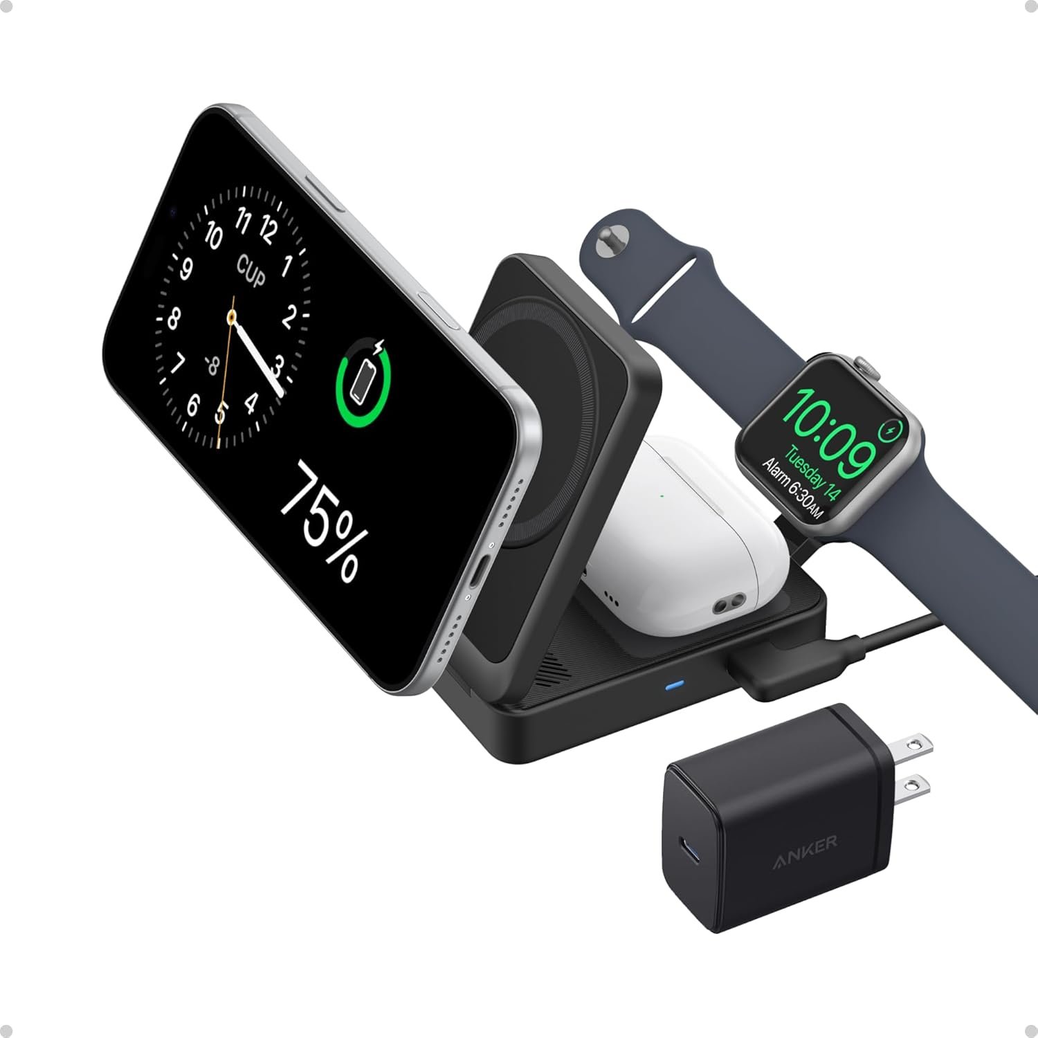 Anker MagGo 3-in-1 MagSafe Compatible Qi2 15W Foldable Charging Station | Qi2 Certified Wireless Charging Stand, for iPhone 17 / 16 / 15 / 14 Series, AirPods, Apple Watch Ultra (Adapter Included)