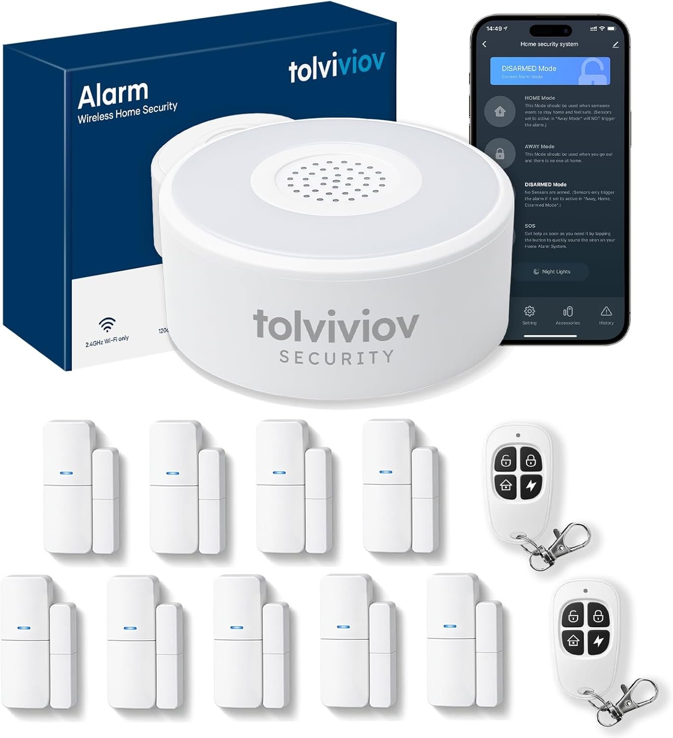 tolviviov Home Alarm System(2nd Gen), 12 Pieces Smart Home Alarm Security System DIY No Monthly Fee, Phone Alert, Alarm Siren, Door/Window Sensors, Remotes, Work with Alexa, for House Apartment Office