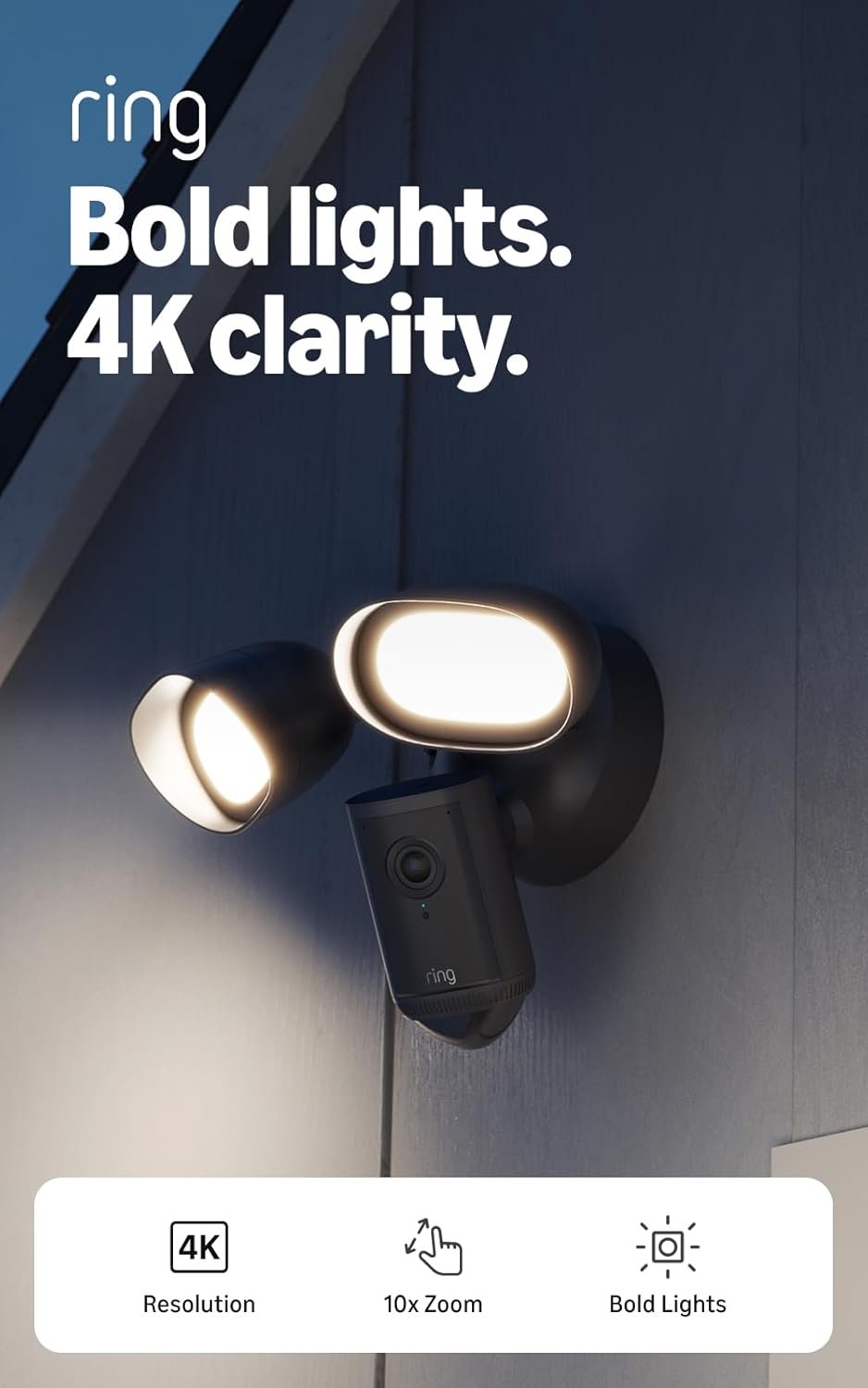 Ring Floodlight Cam Pro, Wired (newest model), Home or business security, Retinal 4K with wide-angle video, 10x Enhanced Zoom, and 2000 Lumen Floodlights, Black