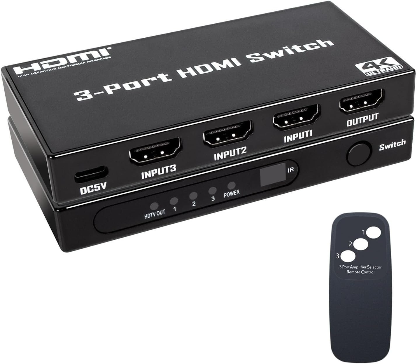 HDMI Switch 3 in 1 Out: 4K@30Hz Ultra HD HDMI Selector with Remote Control, High-Speed 10.2Gbps Transmission, Compatible with PS5, Xbox, Blu-ray, PC, and TV – Plug and Play