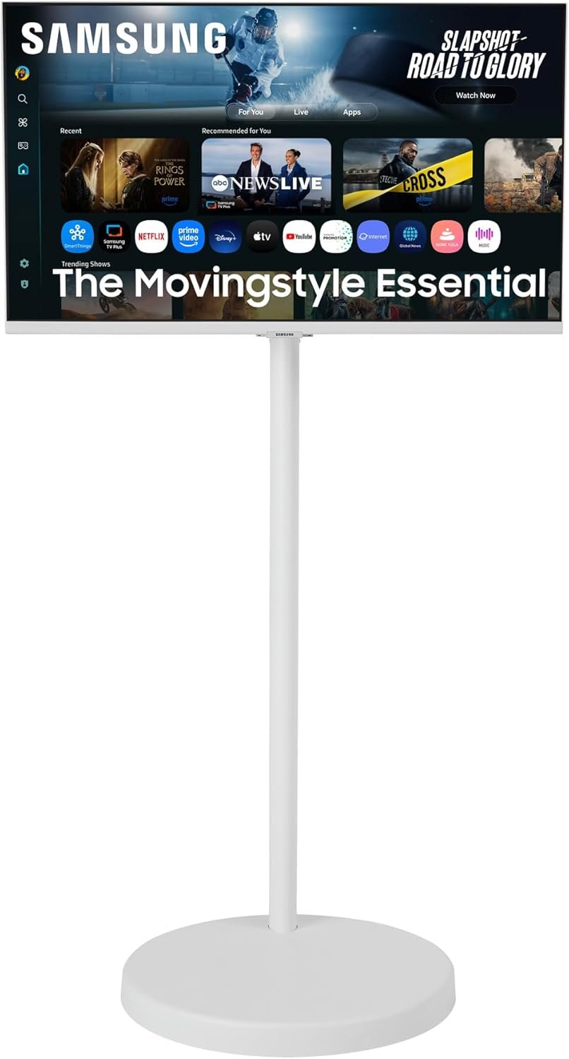 Samsung The Movingstyle Essential 32″ 4K UHD Smart Monitor with Adjustable Rolling Stand, Smart TV Apps, Built-in Speakers, White Design, Gaming Hub, AI Picture Optimizer, SmartThings, F-LS32FM70-MSR
