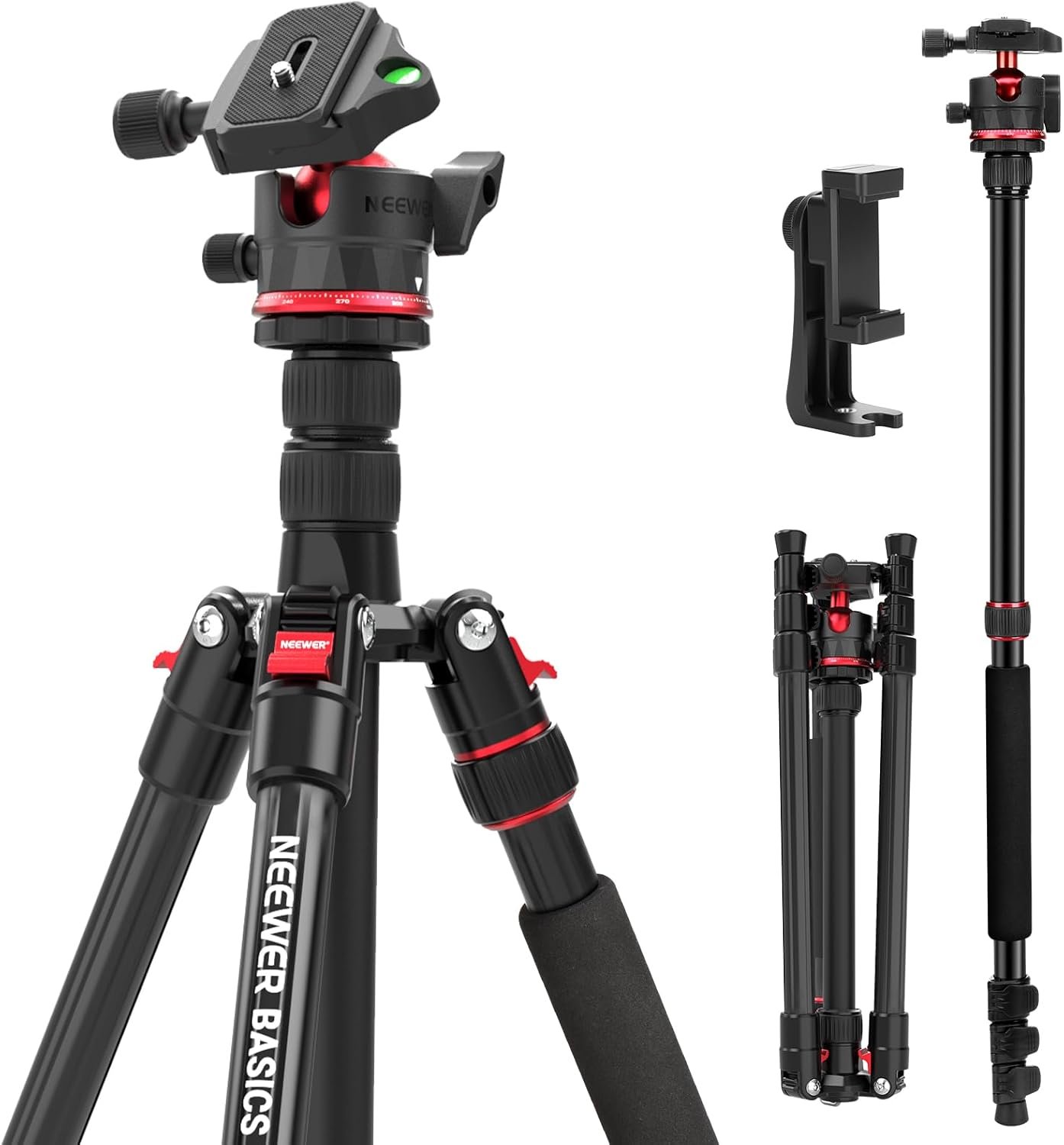 NEEWER Basics 72″ / 182 cm Travel Tripod Monopod for Camera, Compact Lightweight Portable Video Recording Stand, Arca Type Ball Head, Cell Phone Holder Compatible with iPhone, Max Load 13.2 lb, TP14B