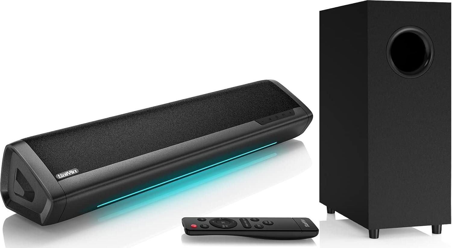 Saiyin Sound Bars for Smart TV with Subwoofer, 2.1 Deep Bass Small Soundbar Monitor Speaker Home Theater Surround System PC Gaming Bluetooth/AUX/Optical Connection, Wall Mountable 17-inch