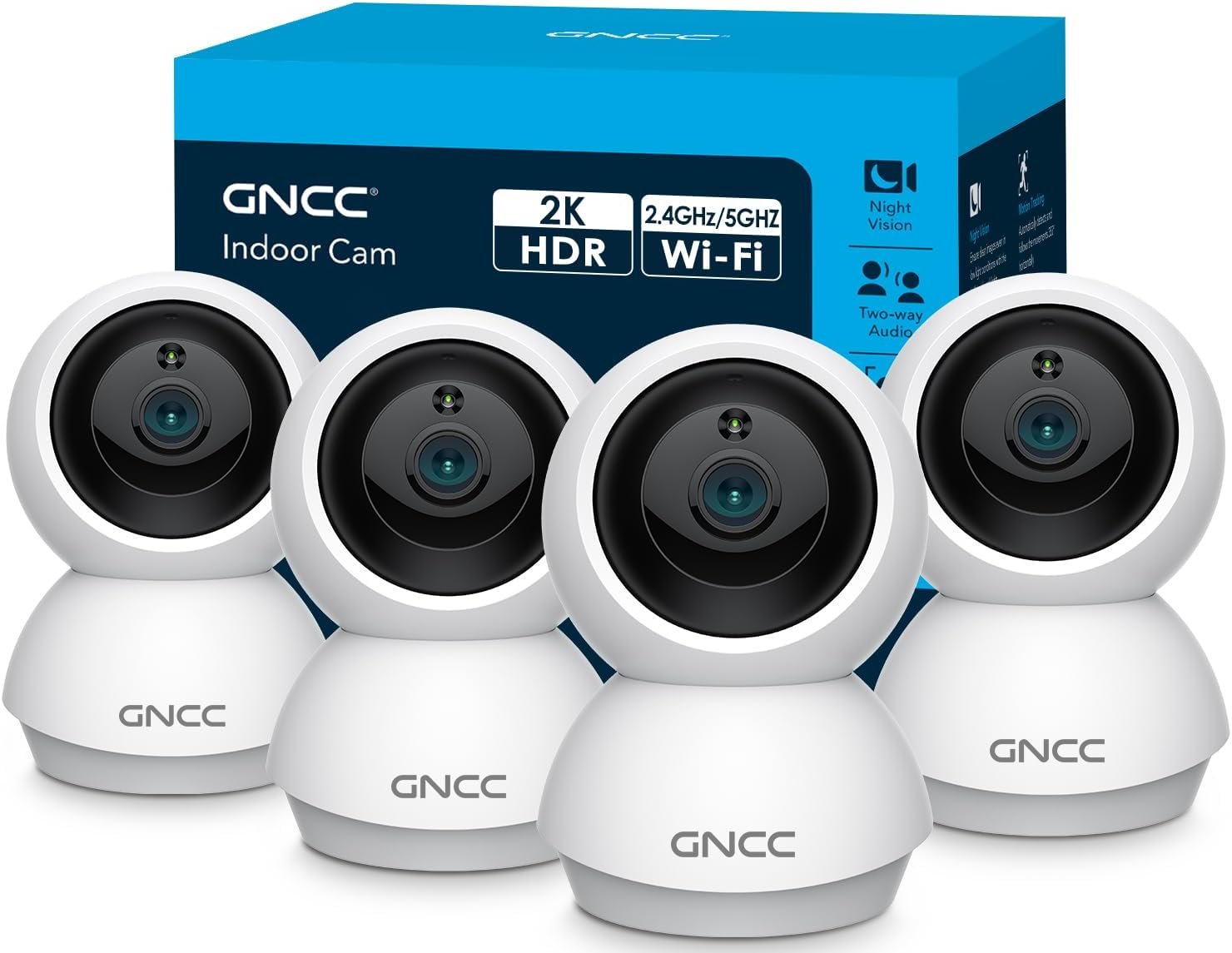 GNCC 2K Cameras for Home Security-2.4/5Ghz WiFi Indoor Camera with 360° Motion Detection for Pet/Baby/Nanny/Dog 2-Way Audio, Night Vision, 24/7 SD Card Storage, Cloud Storage, Works with Alexa, 4 Pcs