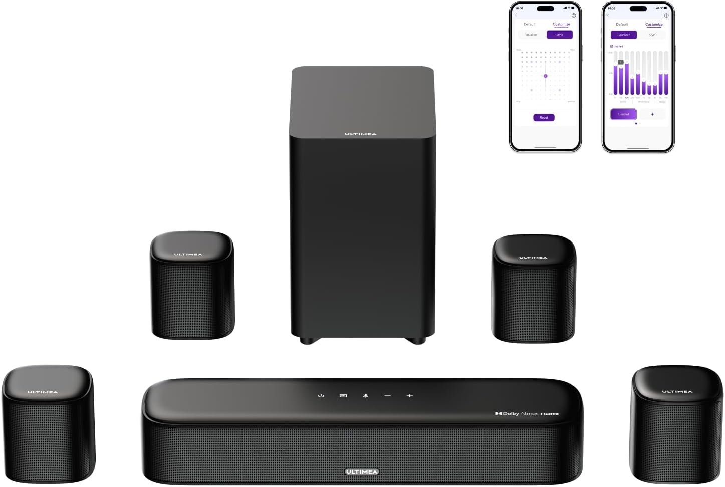 ULTIMEA Aura A60 Pro 7.1ch Sound Bar for Smart TV with Dolby Atmos, Sound Bar with Subwoofer for Home Theater, Surround Sound System for TV with 4 Surround Speakers & App Control, HDMI eARC