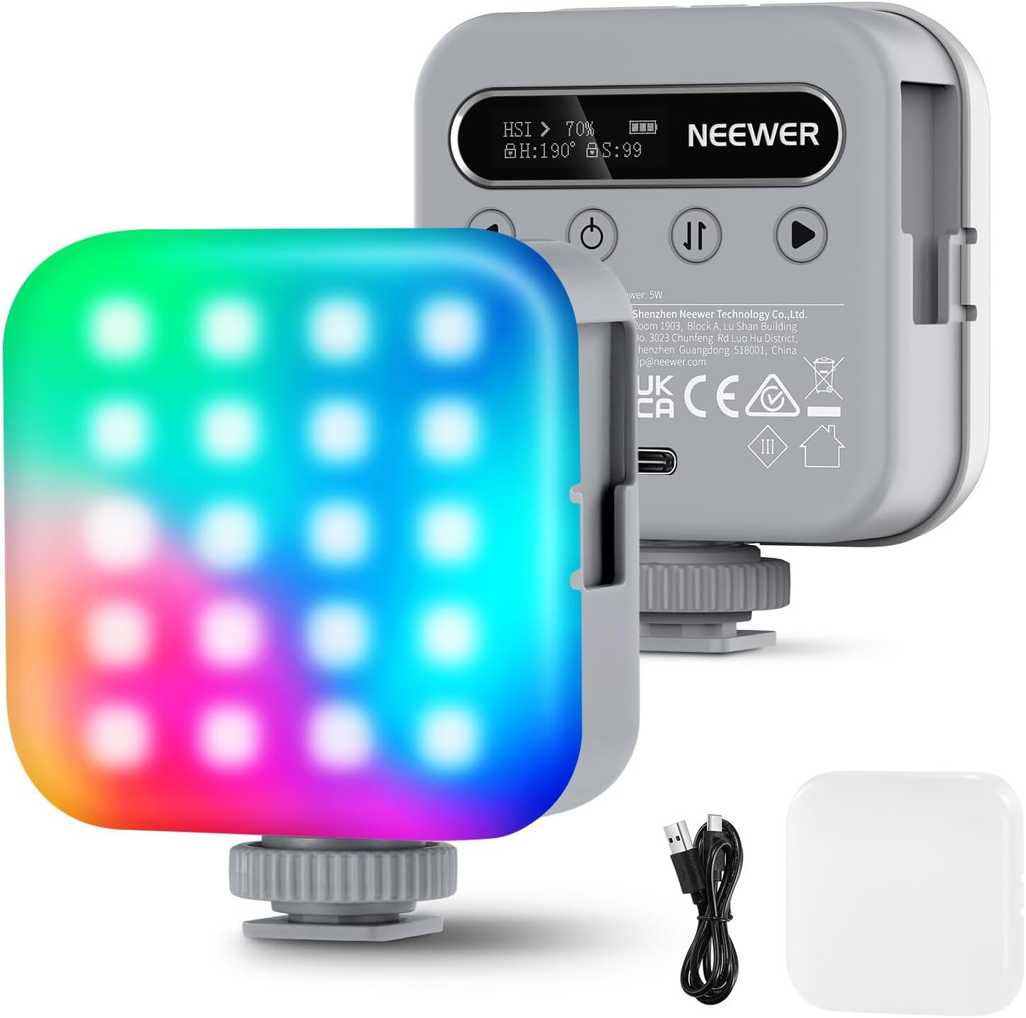 NEEWER Basic Magnetic RGB Video Light, 360° Full RGB Mini LED Camera Light CRI96+ 2500-9000K 18 Scenes 3 Cold Shoes & 1/4″, 2000mAh Rechargeable Portable for Selfie/Tripod Photography Lighting, BL60C