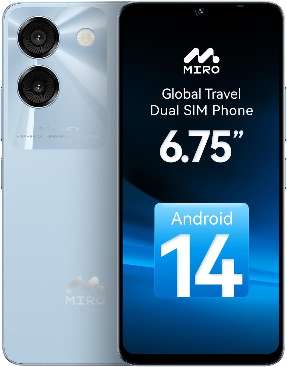 MIRO Ultra-Light 192g 6.75″ Big Screen Smartphone – 4G 64GB + 1TB Expandable Storage, 13MP AI Dual Camera 5MP Front, 4900mAh Battery, 3.5mm Headphone Jack, Android 14, Dual SIM Global (Blue)