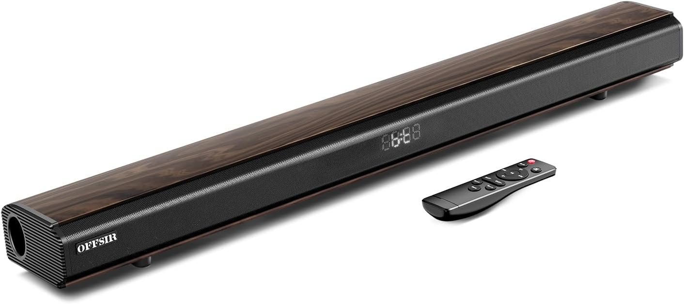 OFFSIR 31.8 Inch 100W Sound Bar for TV, 2.1 Channel 6 Drivers Wood Grain Soundbar with HDMI ARC/Coaxial/Optical/AUX/USB & BT5.0, DSP 3 EQ, Adjustable Bass Treble, LED Display, Wall Mountable